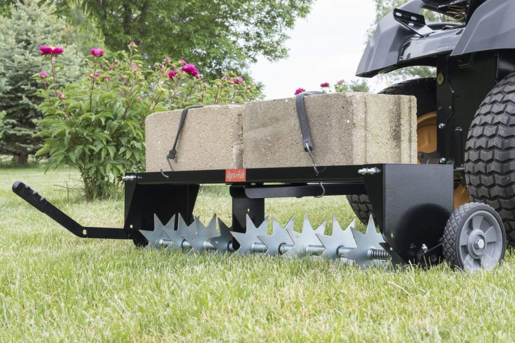 Agri-Fab 40 Inch Tow Behind Spike Aerator Attachment for Riding Lawn Mowers.
