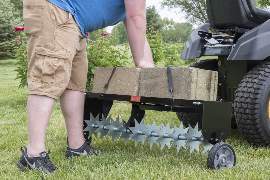 Agri-Fab 40 Inch Tow Behind Spike Aerator Attachment for Riding Lawn Mowers.