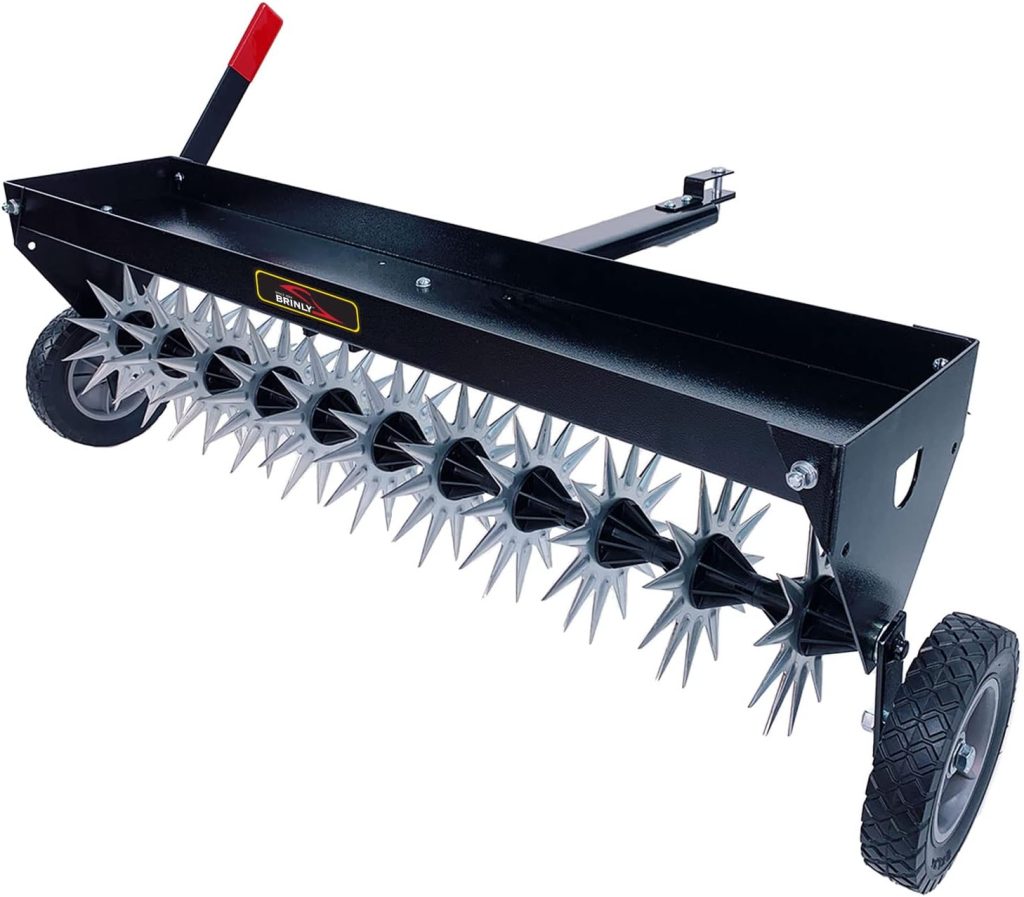 Brinly 40 Inch Tow Behind Spike Aerator Attachment for Riding Lawn Mowers.