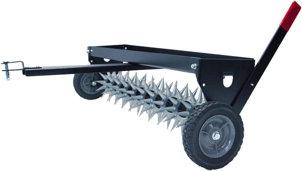 Brinly 40 Inch Tow Behind Spike Aerator Attachment for Riding Lawn Mowers.