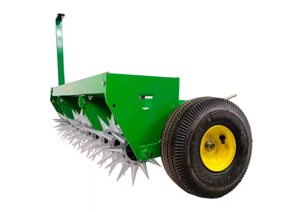 John Deere 40 Inch Tow Behind Spike Aerator Attachment for Riding Lawn Mowers.