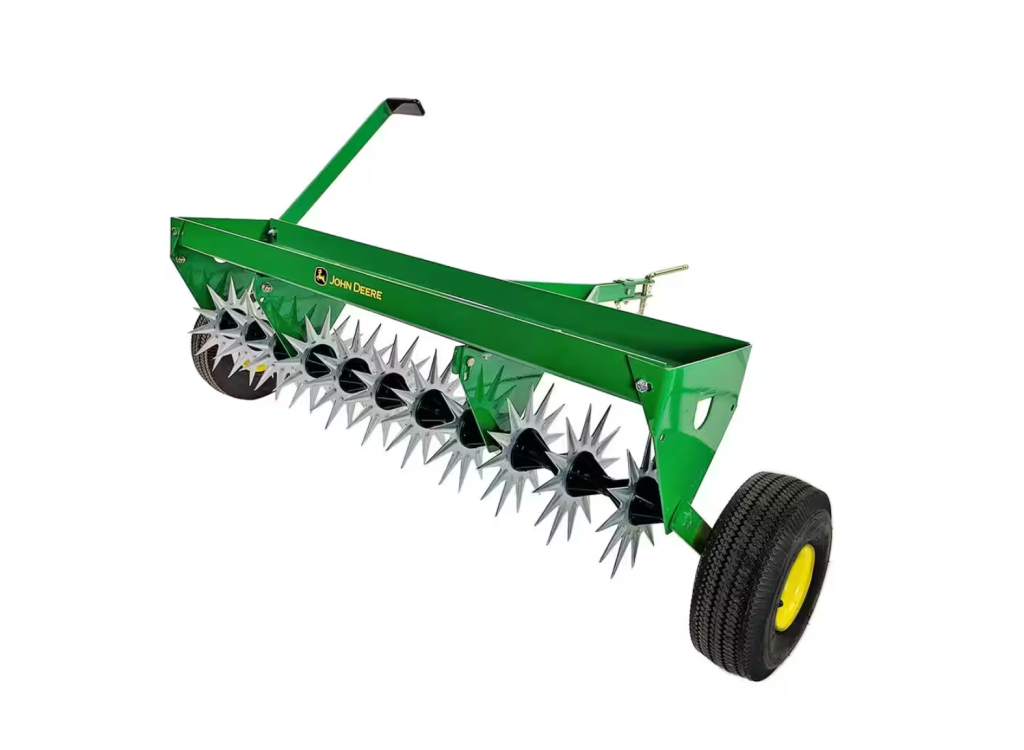 John Deere 40 Inch Tow Behind Spike Aerator Attachment for Riding Lawn Mowers.