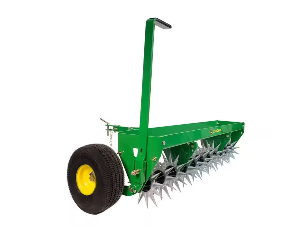 John Deere 40 Inch Tow Behind Spike Aerator Attachment for Riding Lawn Mowers.