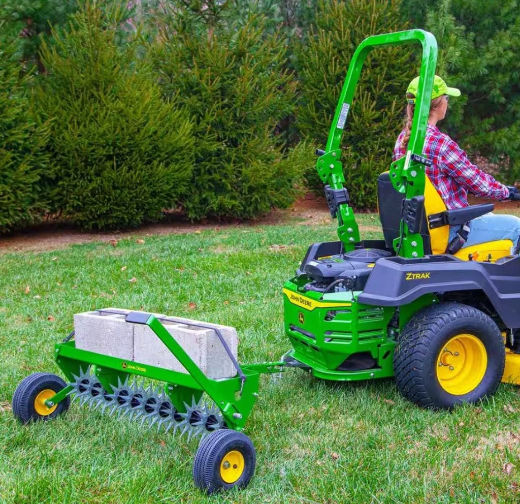 John Deere 40 Inch Tow Behind Spike Aerator Attachment for Riding Lawn Mowers.