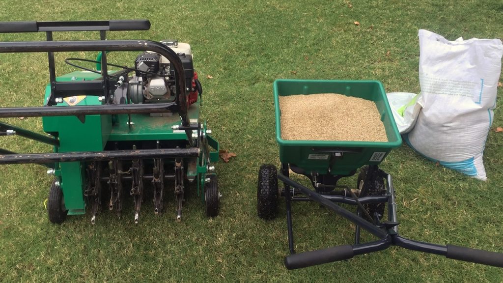 Essential Spring Lawn Care actions: Debris removal, soil aeration, seeding, and fertilizing for a vibrant lawn.