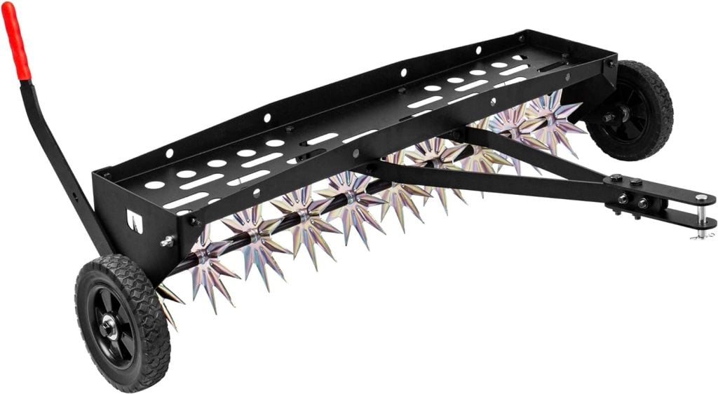 Suchtale 40 Inch Tow Behind Spike Aerator Attachment for Riding Lawn Mowers.