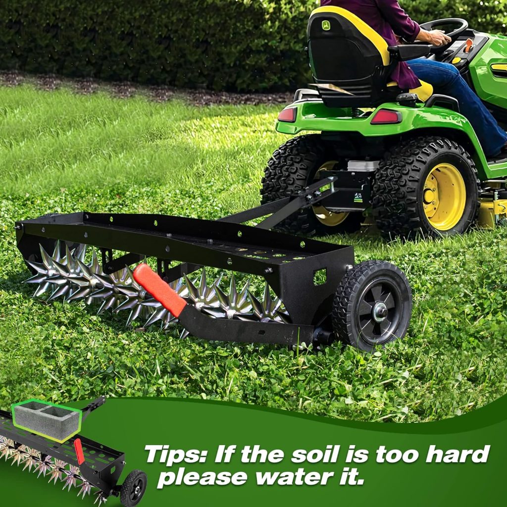 Suchtale 40 Inch Tow Behind Spike Aerator Attachment for Riding Lawn Mowers.