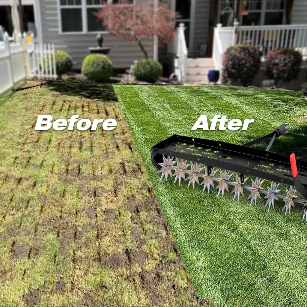 Suchtale 40 Inch Tow Behind Spike Aerator Attachment for Riding Lawn Mowers.